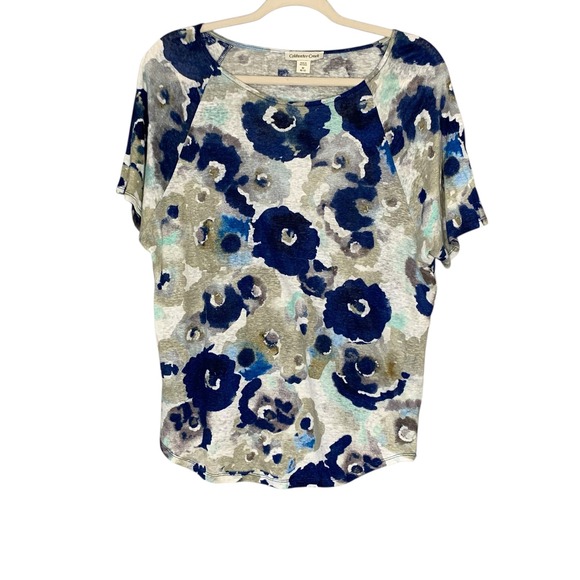 Coldwater Creek linen short sleeve lightweight sweater blue floral print. Size M - Picture 1 of 8